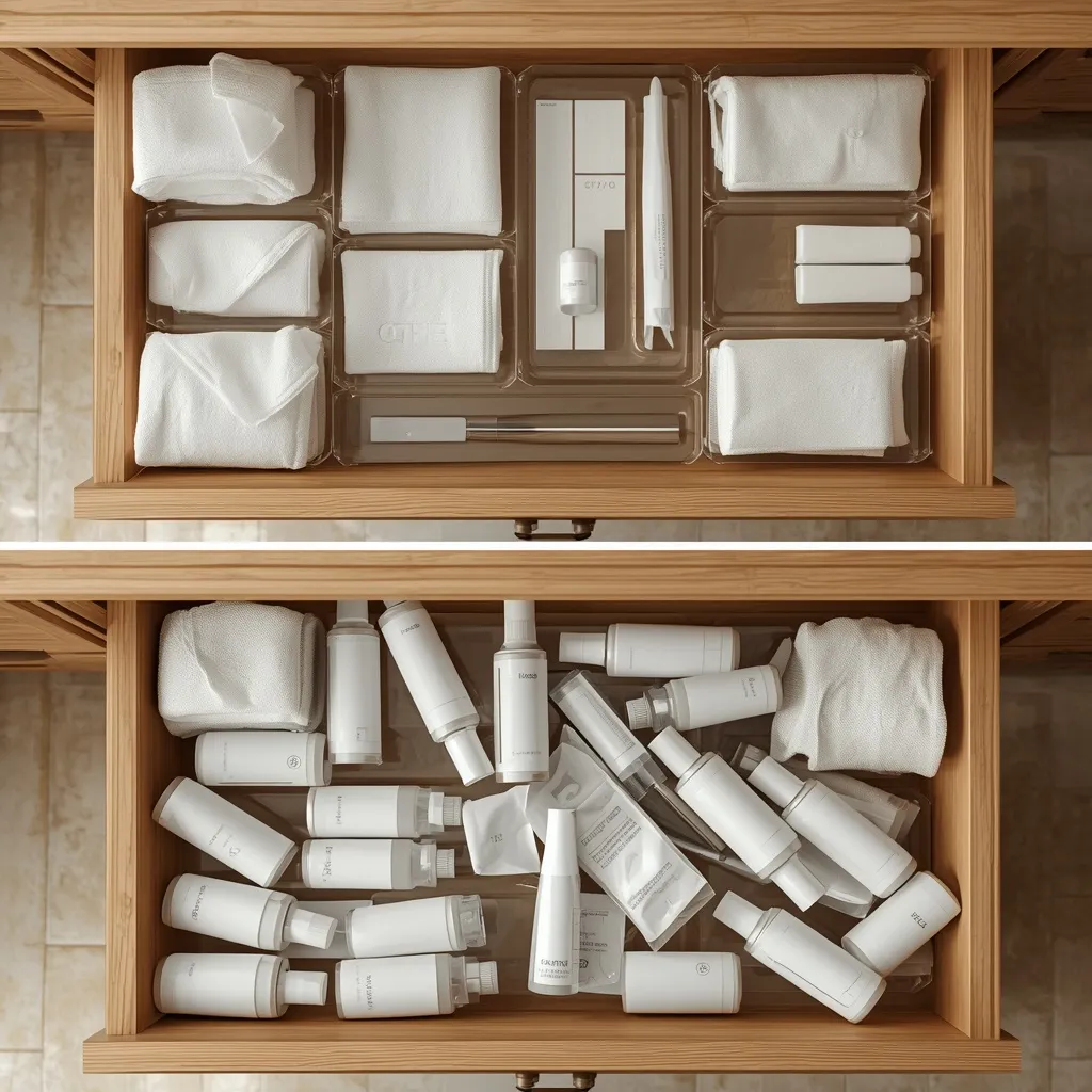 Comparación antes y después de un cajón de baño: organizado con bandejas transparentes de distintos tamaños y desordenado sin separadores