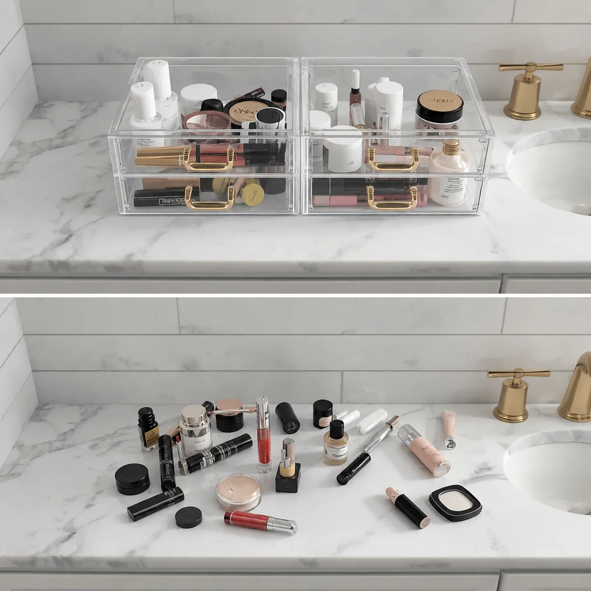 Comparación antes y después de un tocador de baño: arriba organizado con cajones apilables transparentes, abajo desordenado con maquillaje esparcido sobre mármol