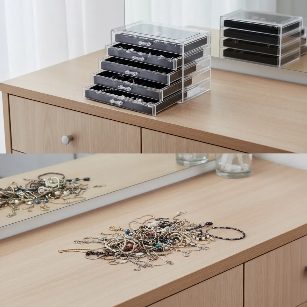 Comparación antes y después de un tocador: arriba joyero acrílico de 5 cajones organizando pendientes y collares, abajo joyas enredadas sobre la superficie