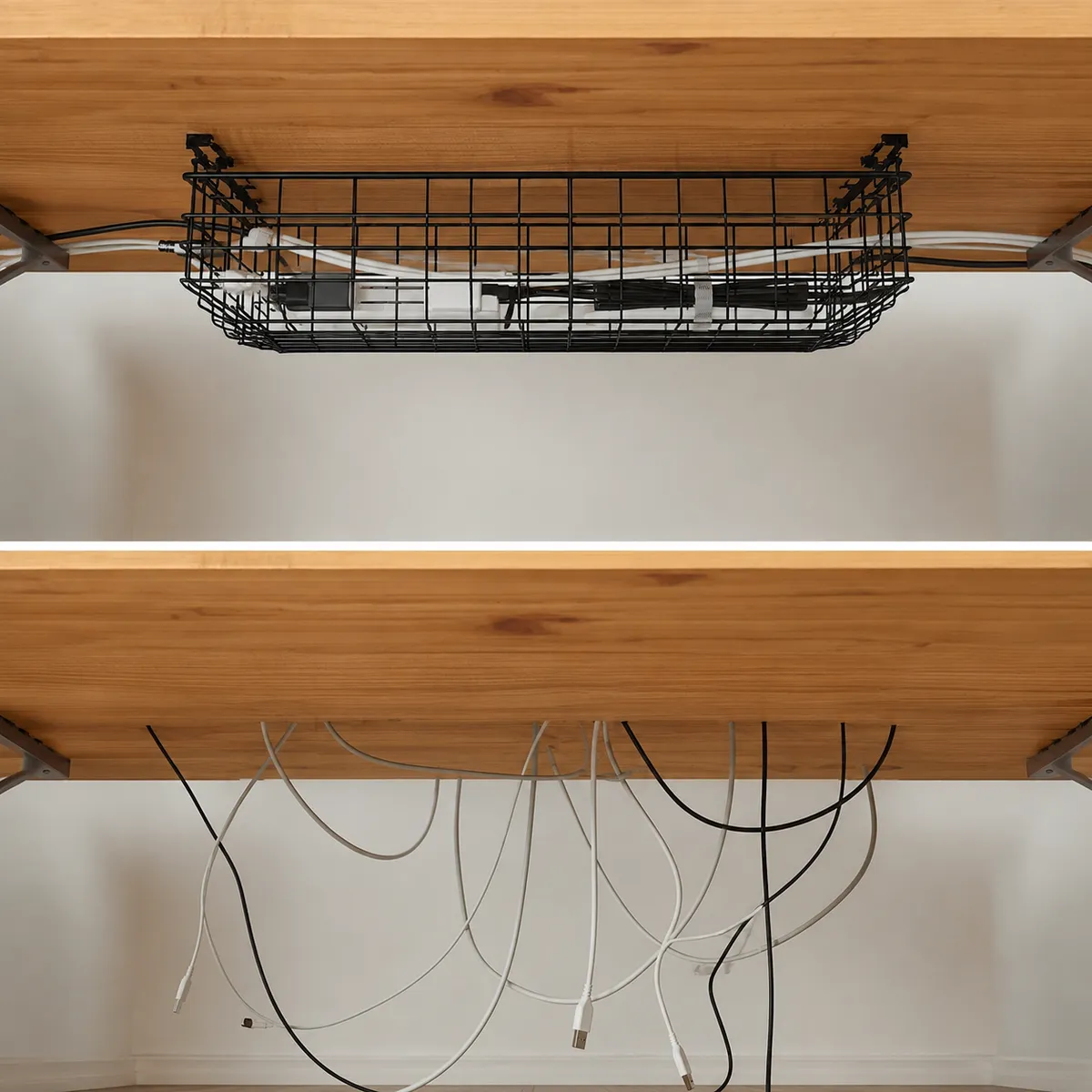 Comparación antes y después bajo un escritorio: arriba organizado con bandeja metálica y cables recogidos, abajo desordenado con cables sueltos