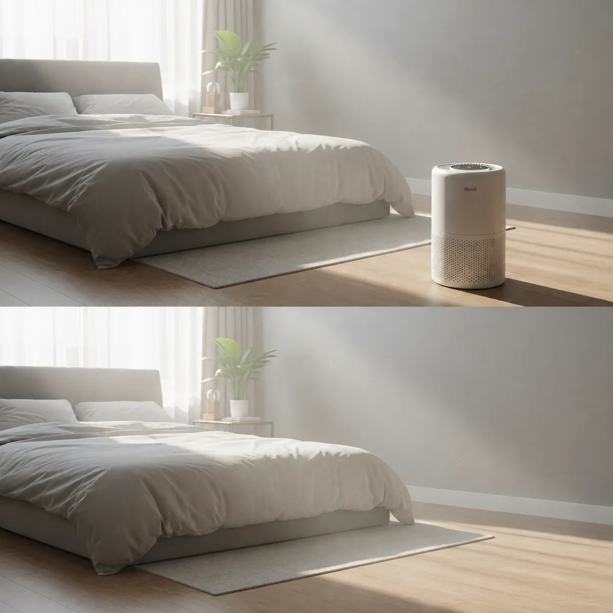 Comparación antes y después de una habitación: arriba con purificador de aire blanco y ambiente limpio, abajo sin dispositivo y aire menos fresco