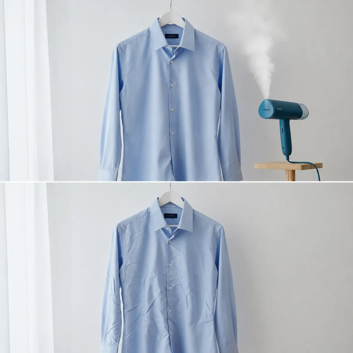 Comparación antes y después de una camisa: arriba lisa con un vaporizador azul cerca, abajo arrugada sin ningún dispositivo
