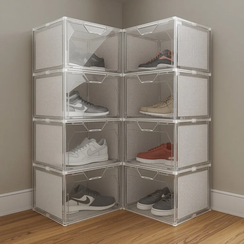 Cajas transparentes apilables organizando pares de zapatos en un armario, cada caja con puerta abatible visible