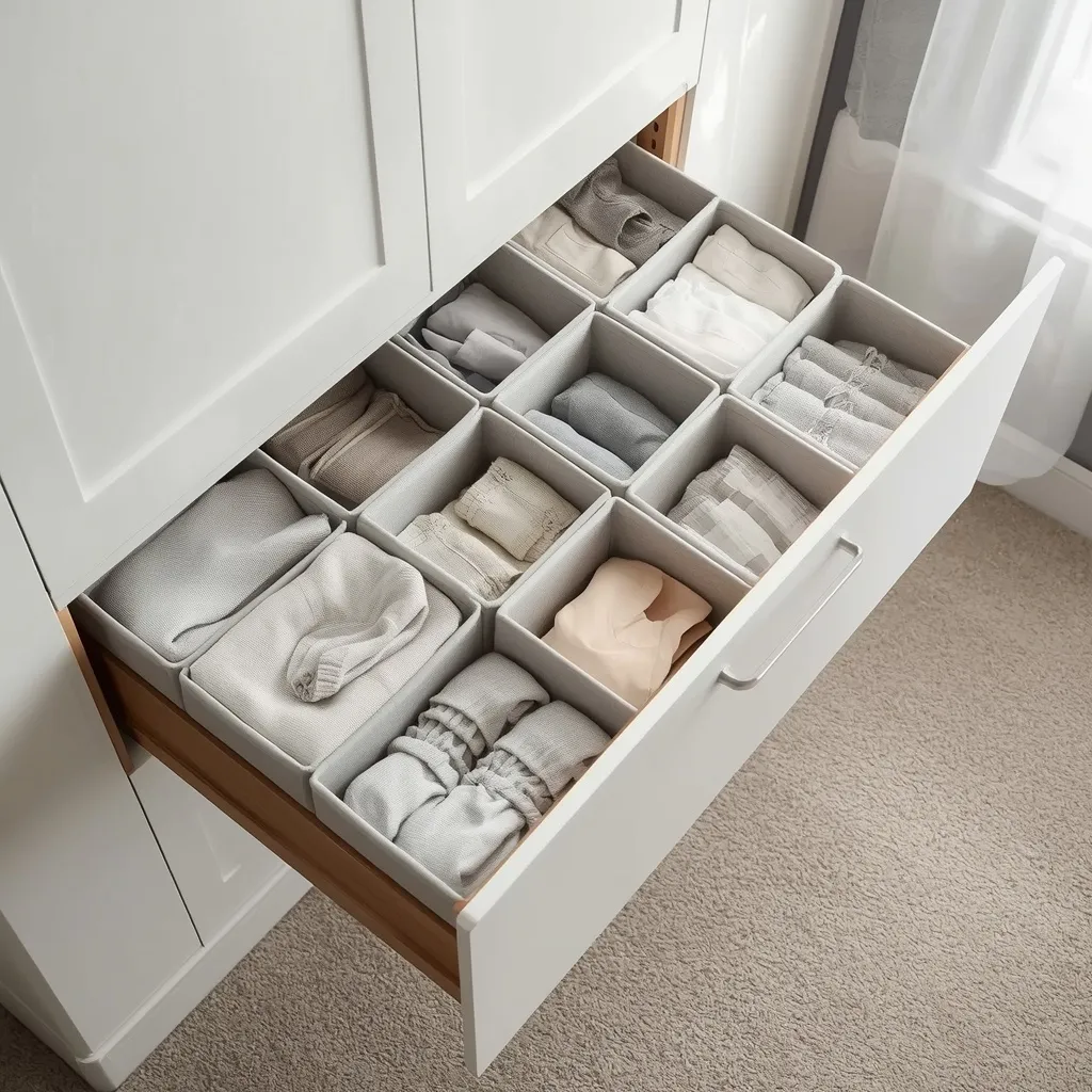 Cajón de armario moderno organizado con cajas de tela gris claro de distintos tamaños, conteniendo calcetines y ropa doblada