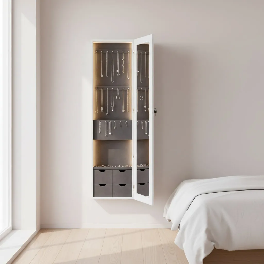Espejo de cuerpo entero abierto mostrando un organizador de joyas interior con luces LED, ganchos y compartimentos, en un dormitorio moderno