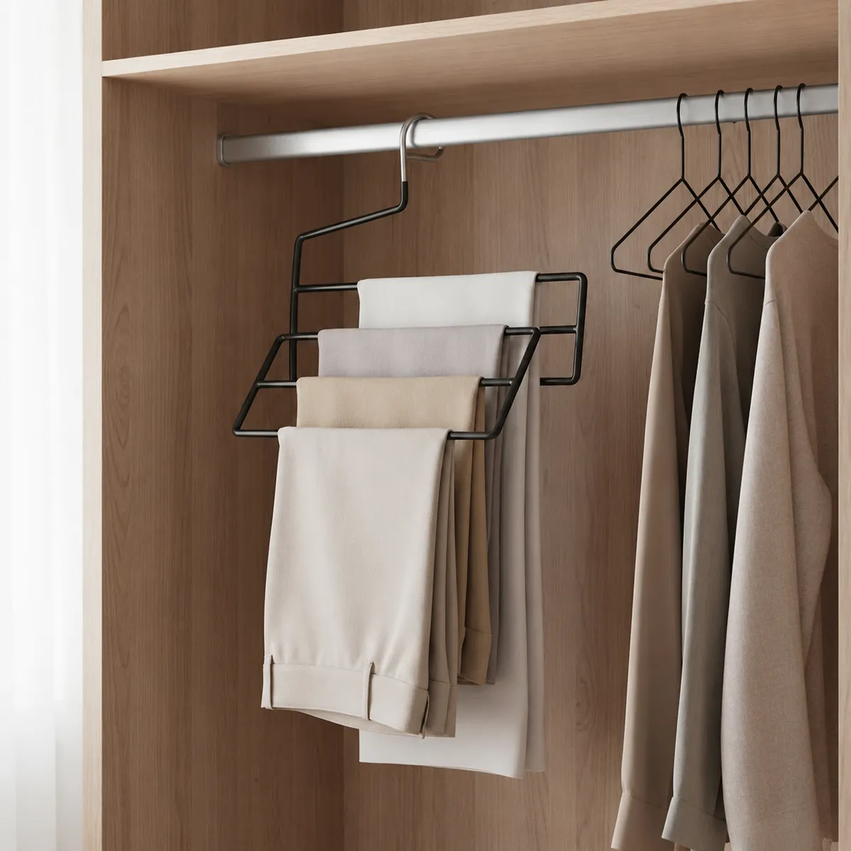 Percha metálica negra con cinco barras horizontales sosteniendo varios pantalones en tonos claros dentro de un armario moderno