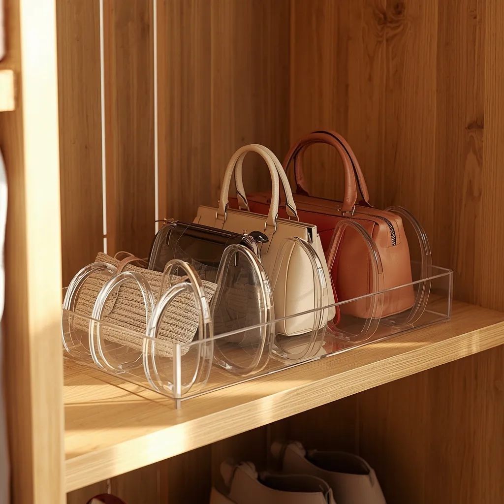Separadores transparentes en forma de onda organizando varios bolsos de pie en un estante de armario de madera