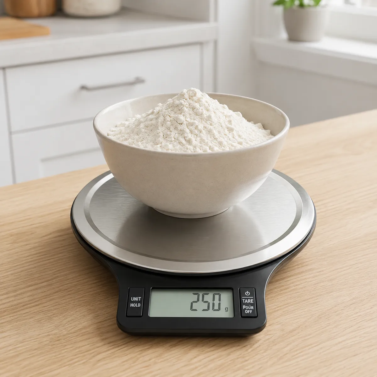 Báscula digital de cocina con plato circular de acero inoxidable pesando un bol de harina sobre una encimera moderna