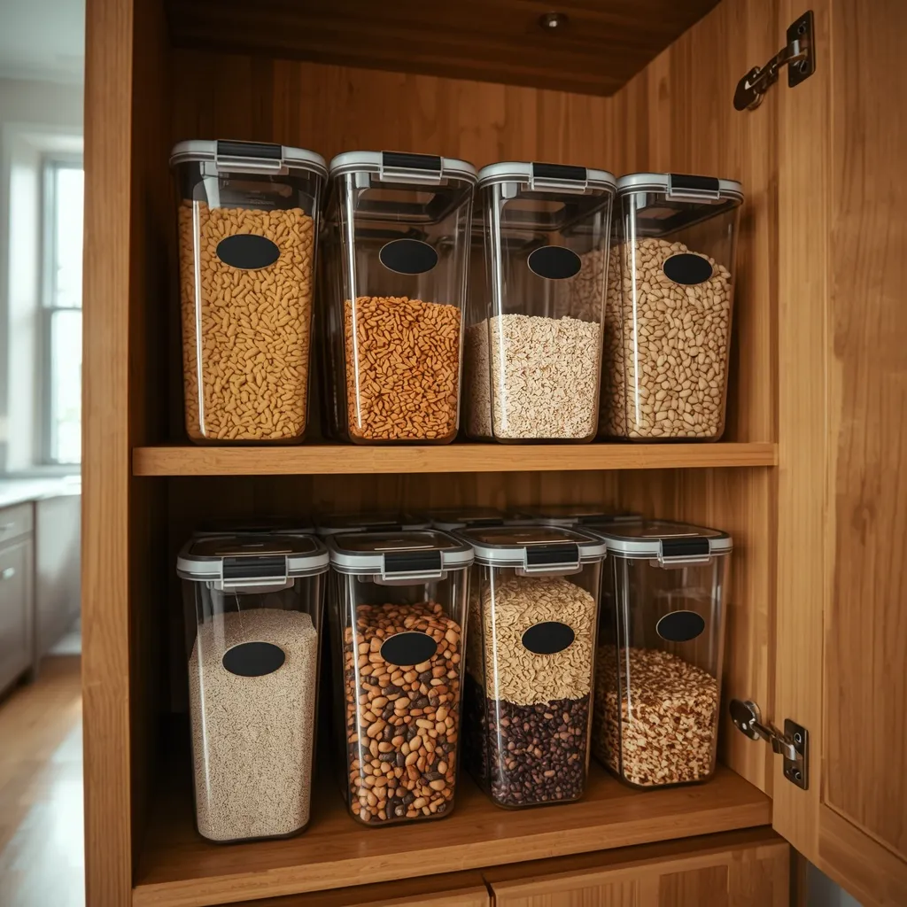 Despensa organizada con recipientes herméticos transparentes apilados en estantes de madera