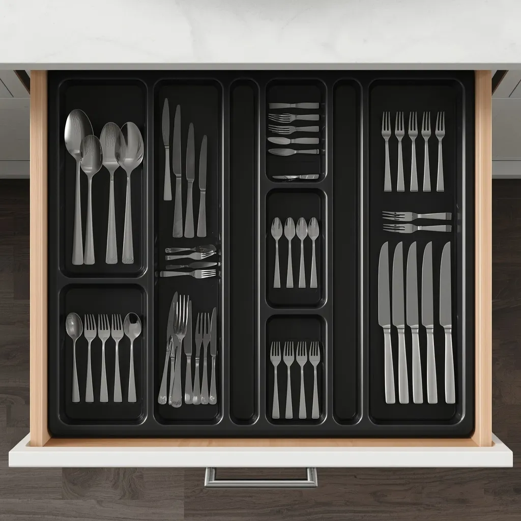 Cajón de cocina organizado con bandeja expandible negra, cubiertos agrupados por tipo en compartimentos separados