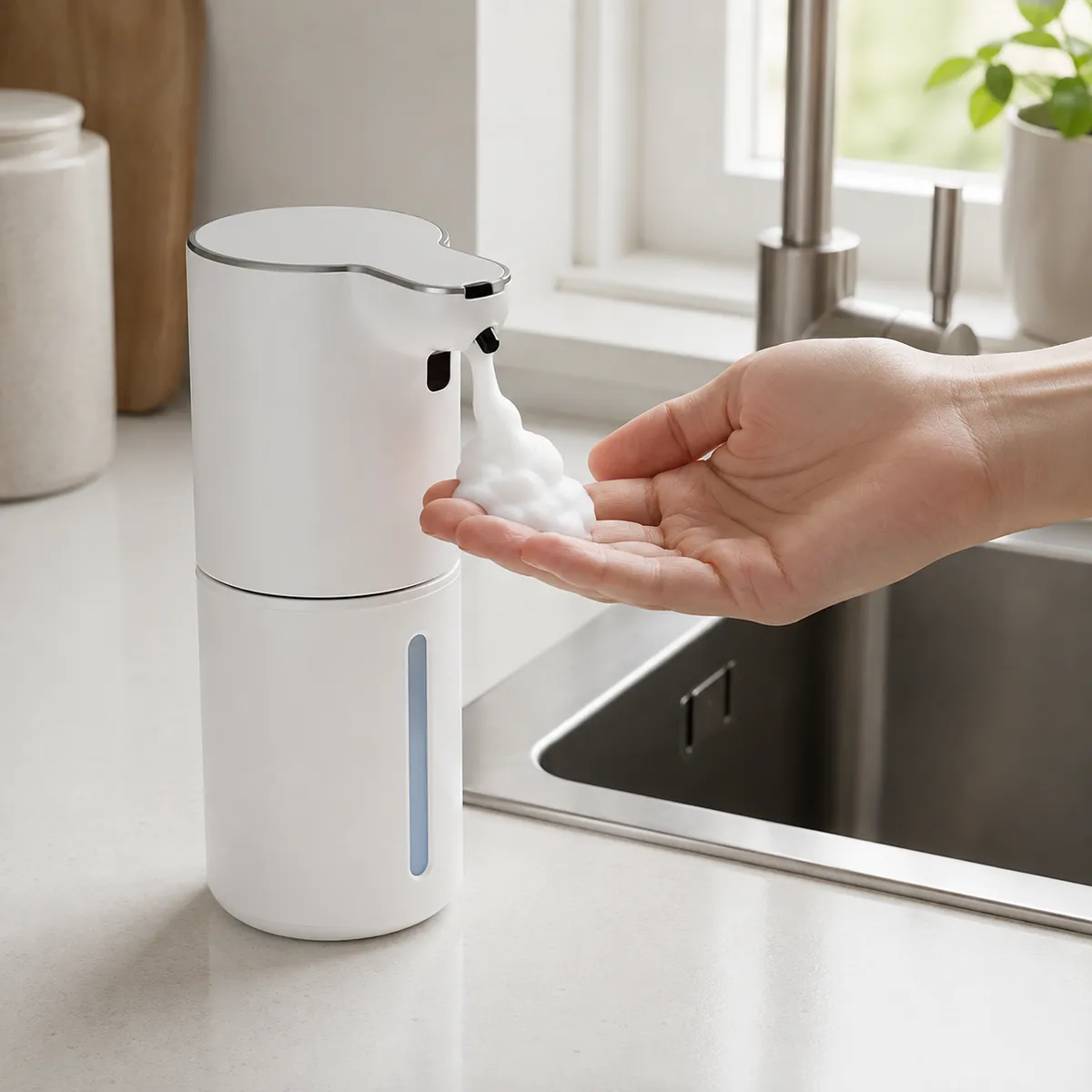Dispensador de jabón blanco automático con sensor infrarrojo en una encimera de cocina moderna, dispensando jabón sin contacto