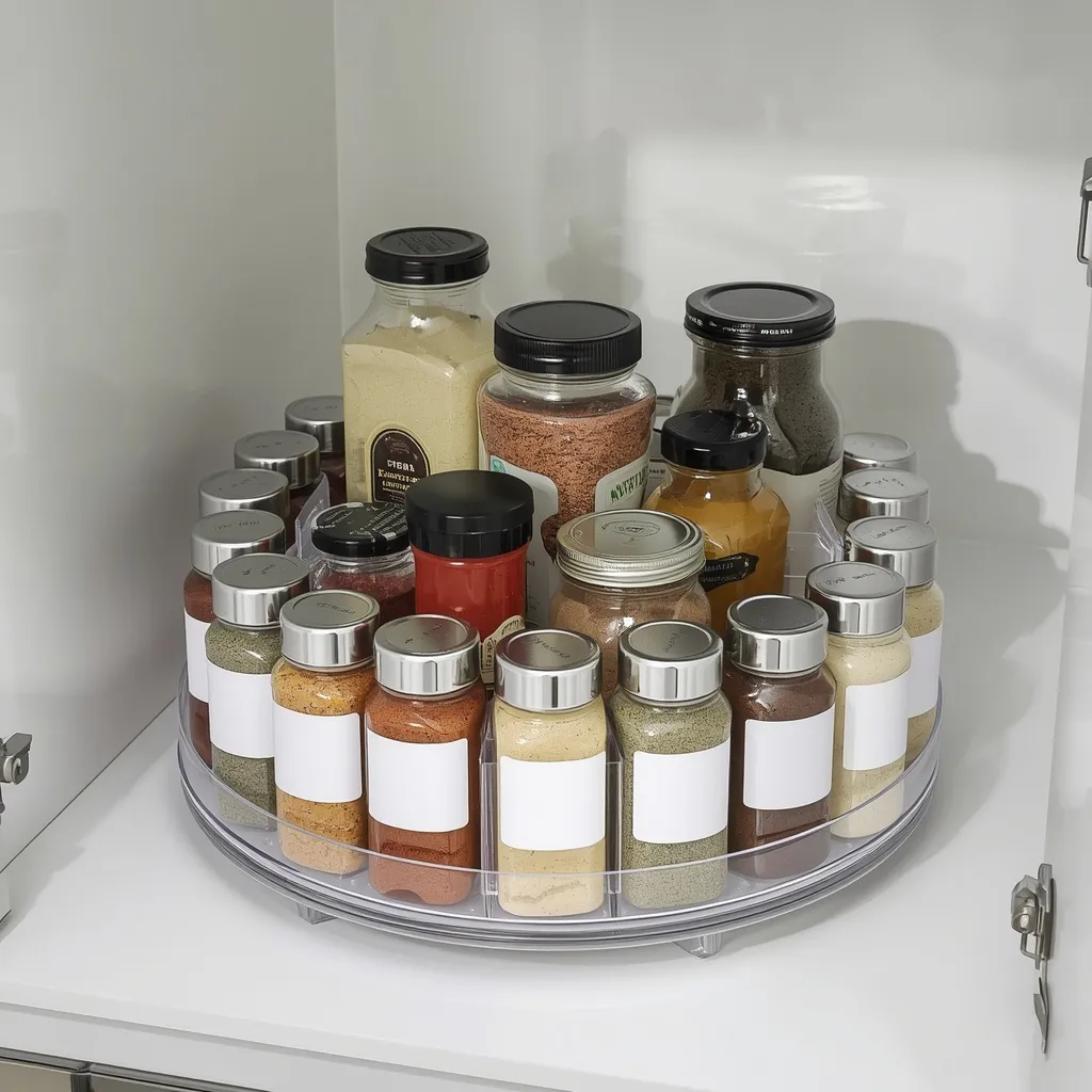 Organizador giratorio transparente para especias dentro de un armario de cocina