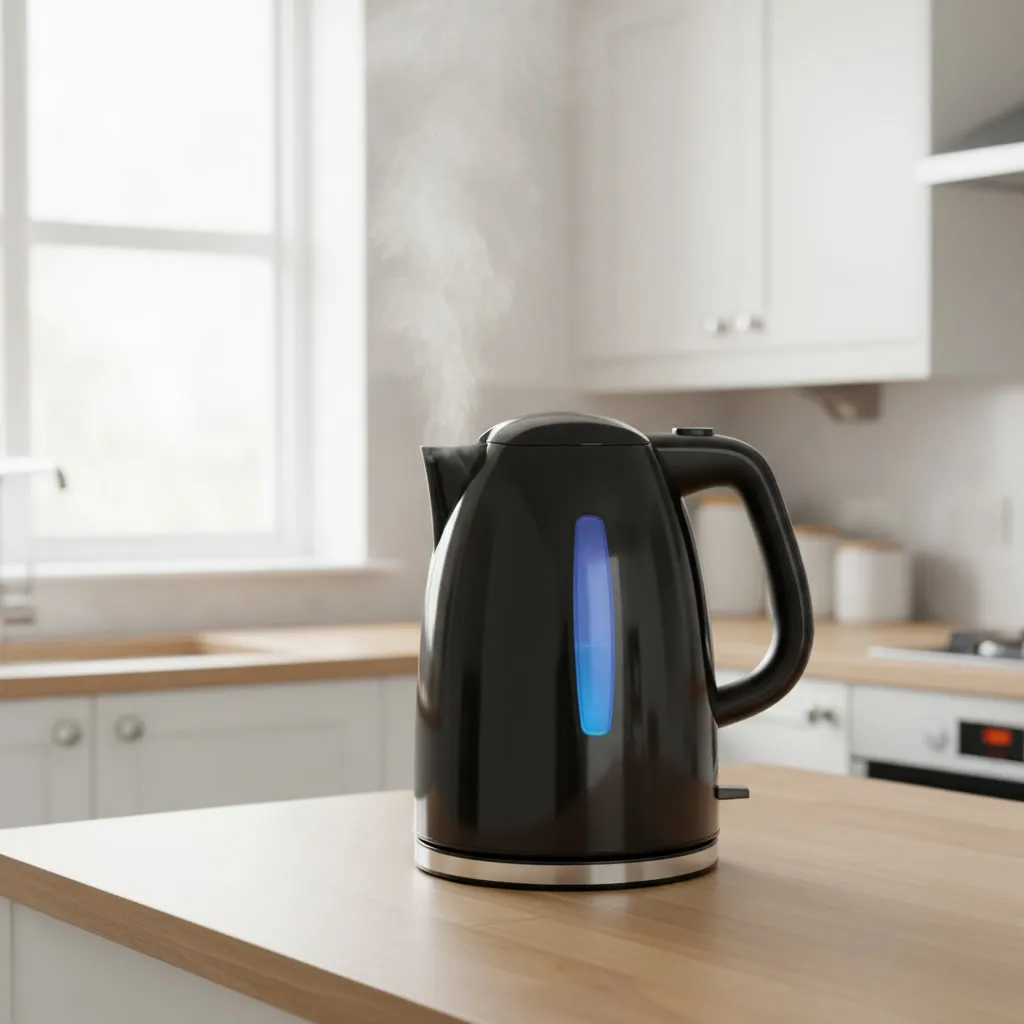 Hervidor eléctrico negro brillante con ventana indicadora de nivel iluminada en azul, sobre una encimera de cocina moderna