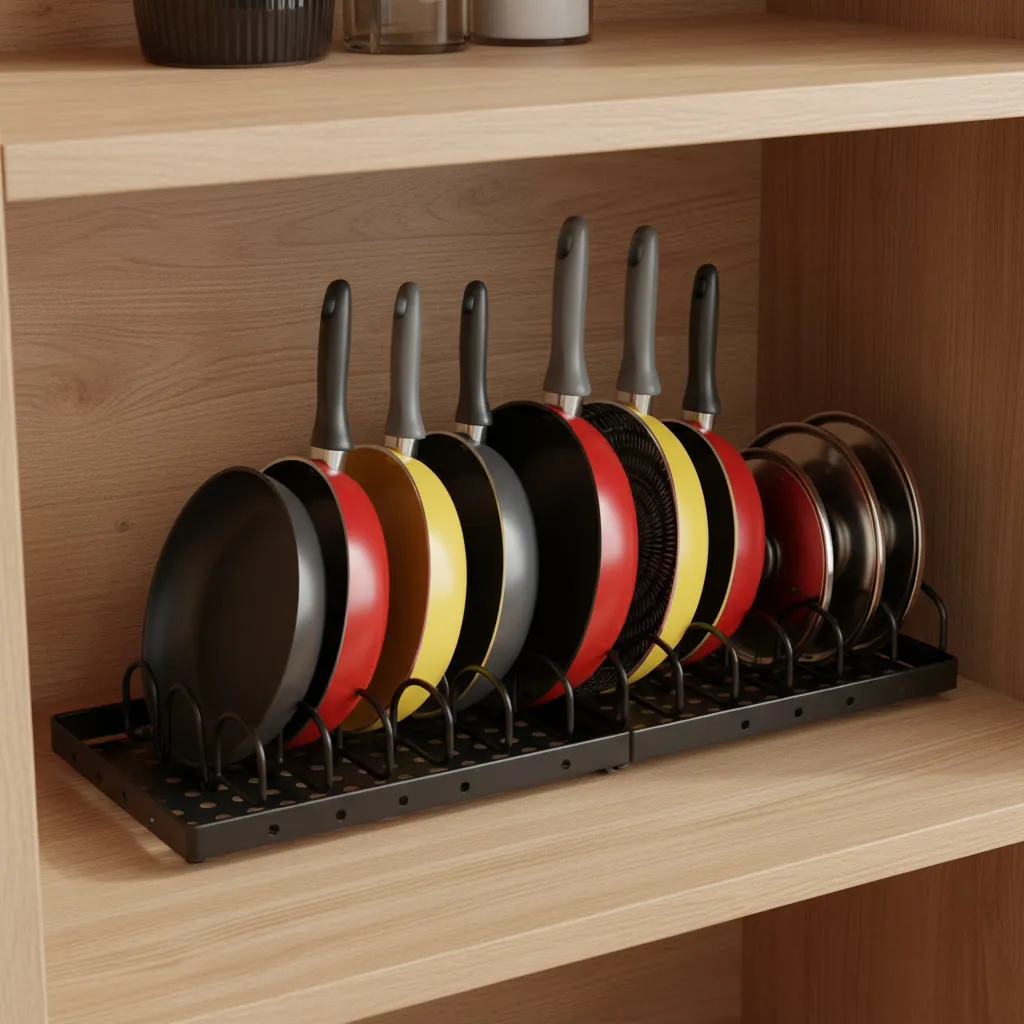 Organizador metálico negro con compartimentos ondulados sosteniendo sartenes de colores y tapas de ollas de pie en un armario de cocina