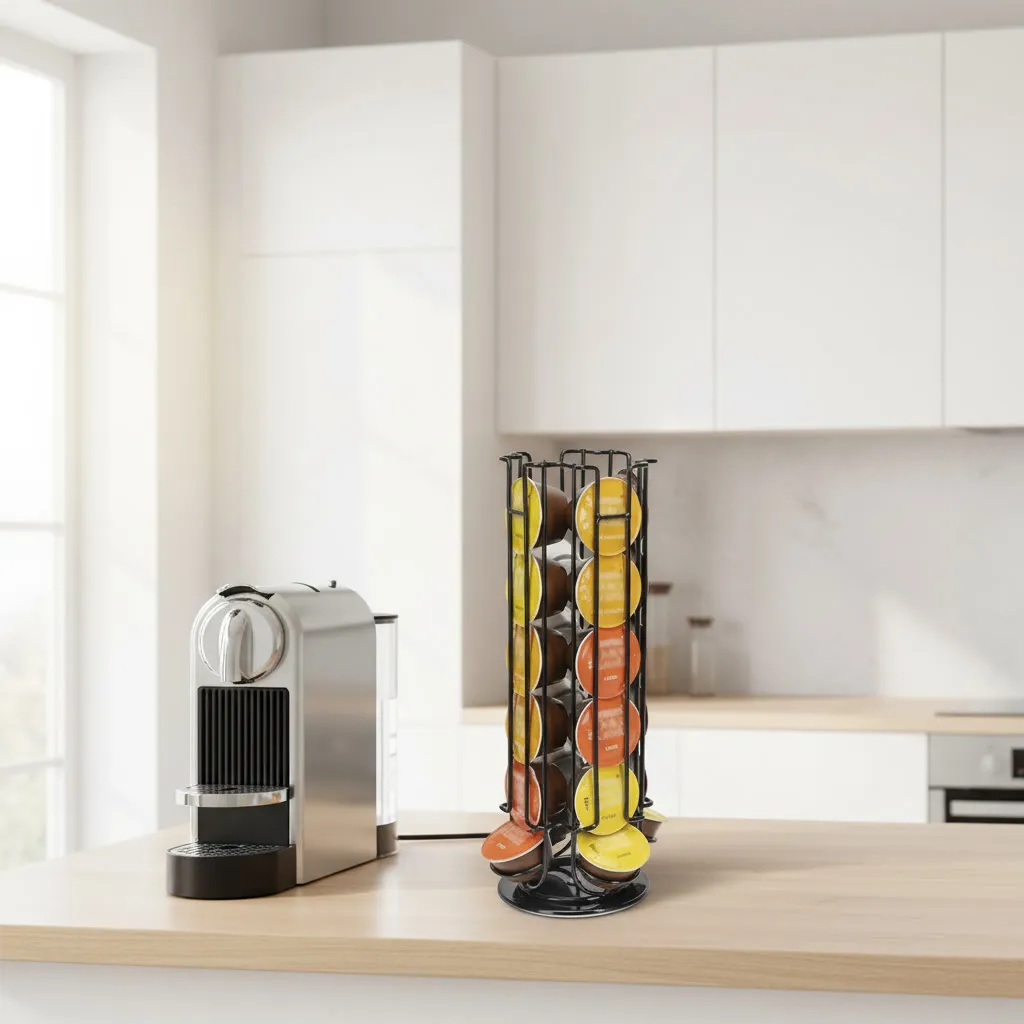 Torre giratoria de metal negro organizando cápsulas de café de colores variados junto a una cafetera en una cocina moderna
