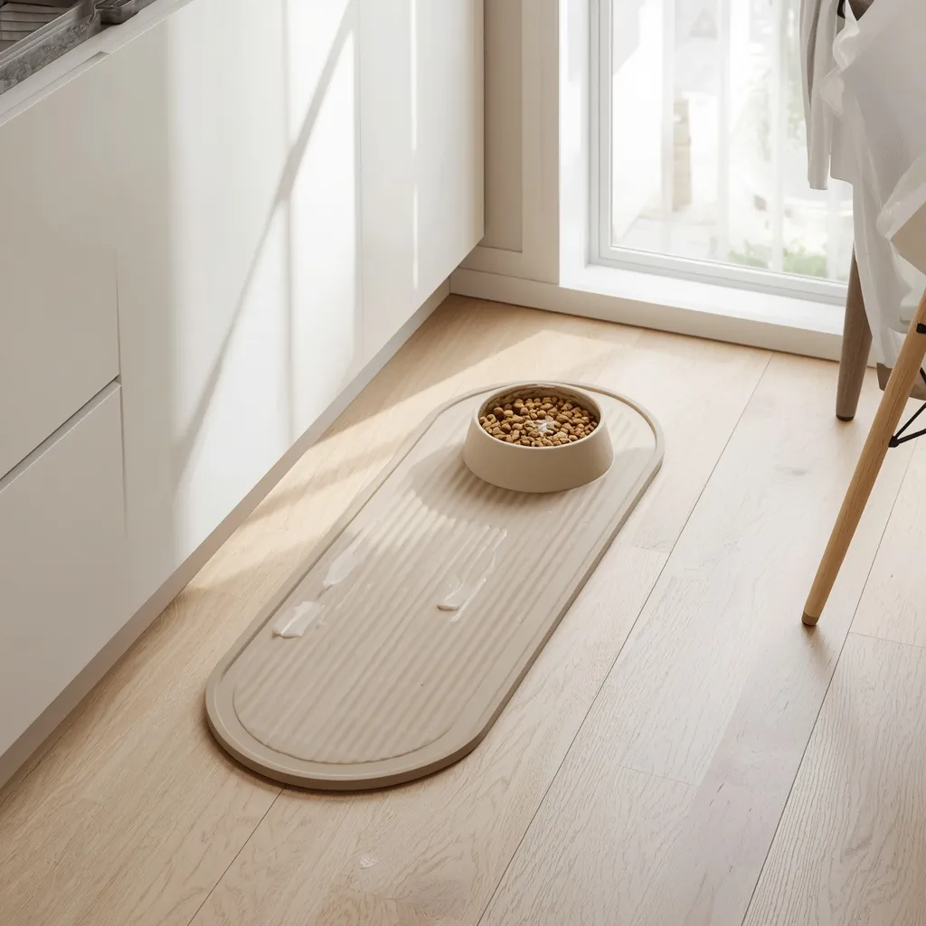 Alfombrilla de silicona beige ovalada con bordes elevados bajo un comedero de perro con pienso y agua, sobre suelo de madera
