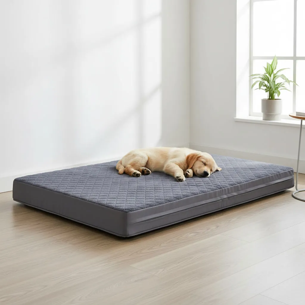 Cama gris acolchada bifaz para perro con un cachorro dorado descansando encima, en un salón moderno