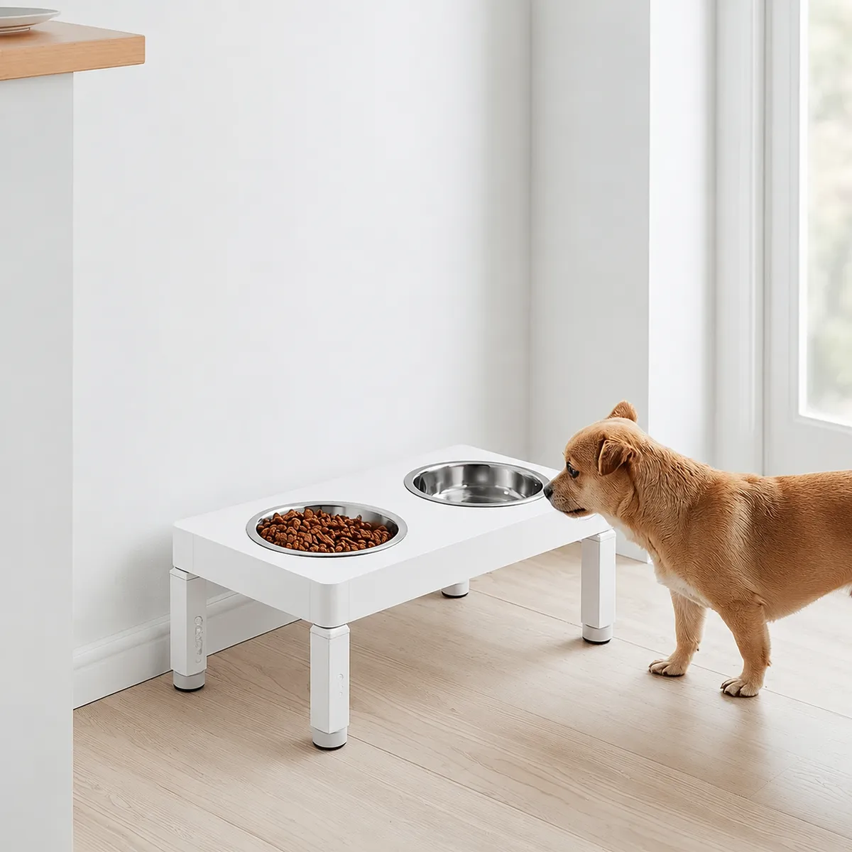 Comedero elevado blanco con dos cuencos metálicos de pienso y agua, altura ajustable, con un perro pequeño comiendo cómodamente al lado