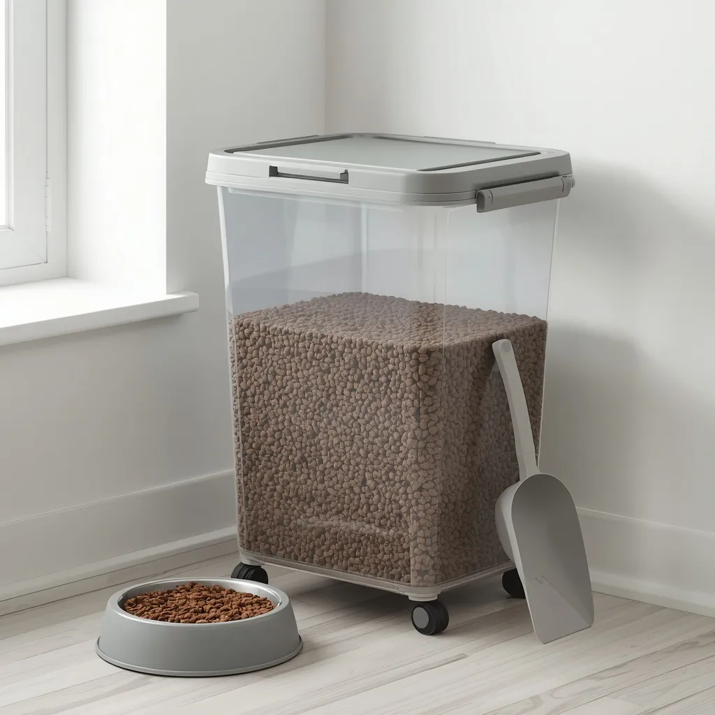 Contenedor transparente con ruedas y tapa gris abatible almacenando pienso, con pala a juego, junto a un comedero de perro en el suelo