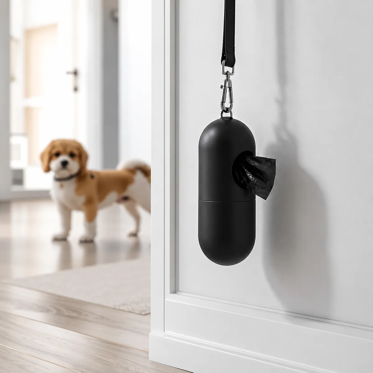 Dispensador de bolsas negro en forma de cápsula colgado de una correa en la entrada de una casa, con un perro pequeño desenfocado al fondo