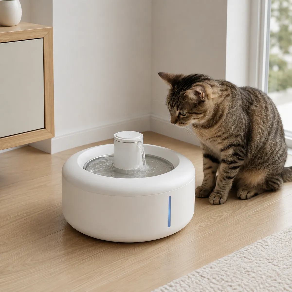 Fuente de agua circular blanca para gatos con indicador de nivel azul, un gato atigrado observándola en un salón moderno