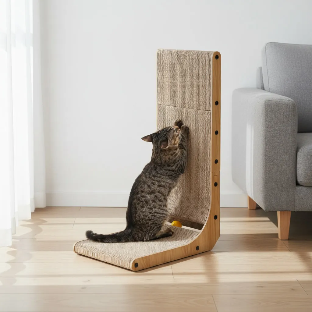 Rascador vertical de madera clara en forma de L con un gato atigrado rascando el panel de cartón corrugado, en un salón moderno