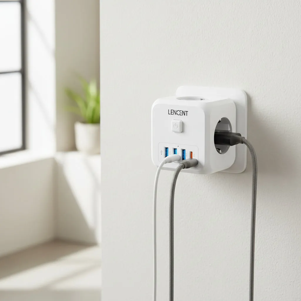 Cubo enchufe blanco multipuerto conectado a la pared, con un cargador de móvil y de portátil enchufados simultáneamente