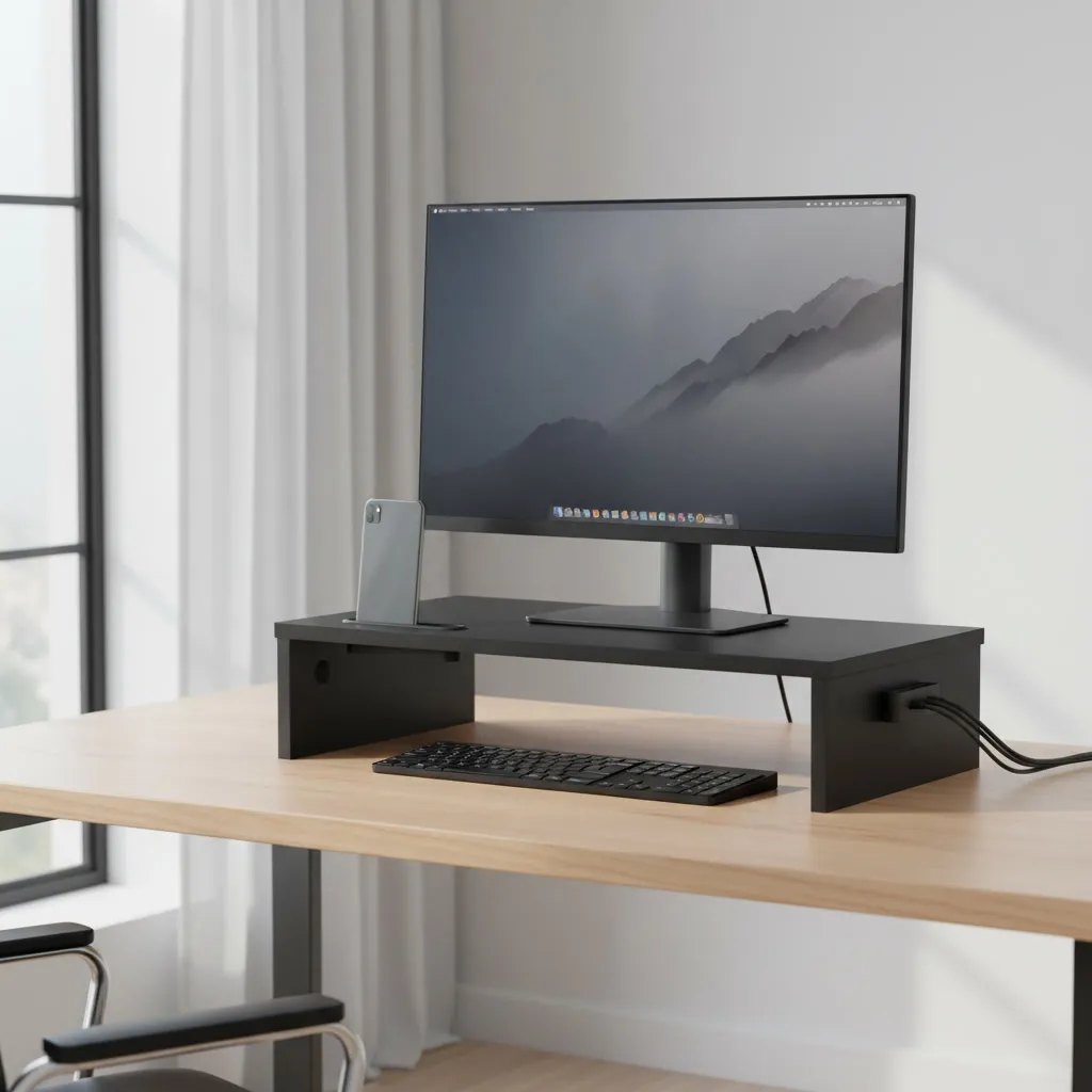 Elevador de monitor de madera negra con hueco de almacenaje debajo sosteniendo una pantalla, en un escritorio de oficina moderno