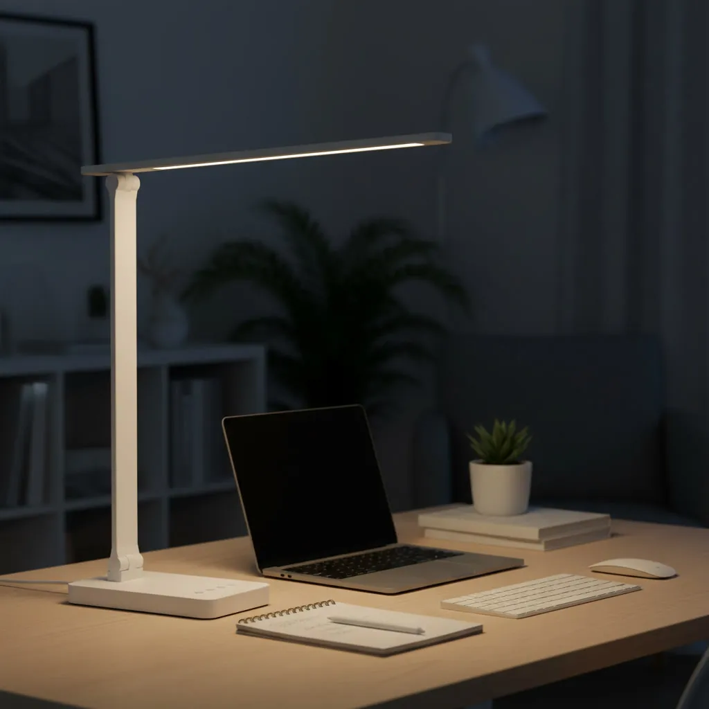 Lámpara LED blanca de brazo articulado iluminando un escritorio de oficina en casa con un portátil, en ambiente nocturno