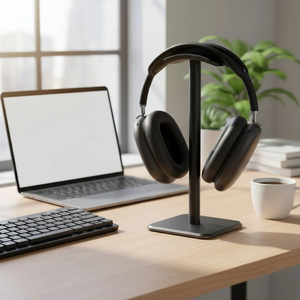Soporte negro con base pesada sosteniendo unos auriculares de diadema junto a un portátil en un escritorio de oficina en casa moderno