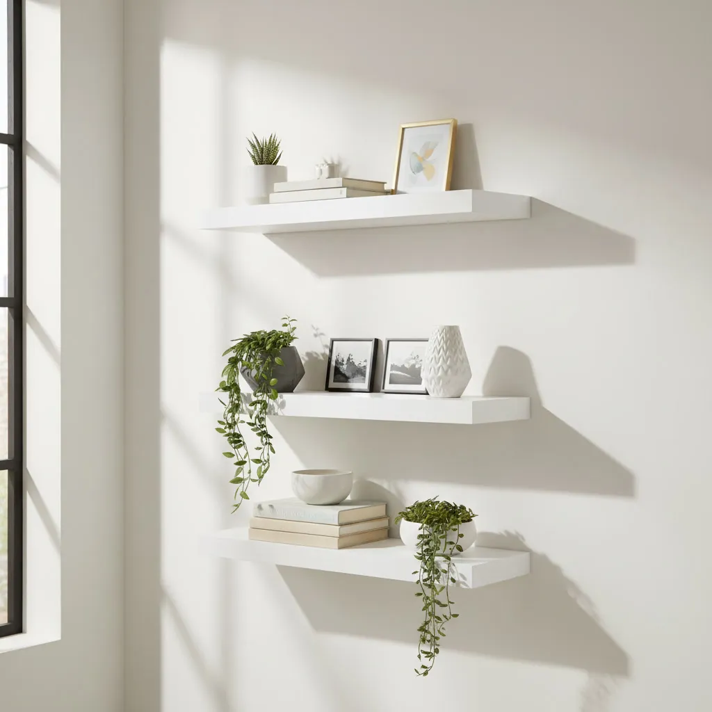 Tres baldas flotantes blancas montadas en una pared, con soportes invisibles, decoradas con plantas y libros