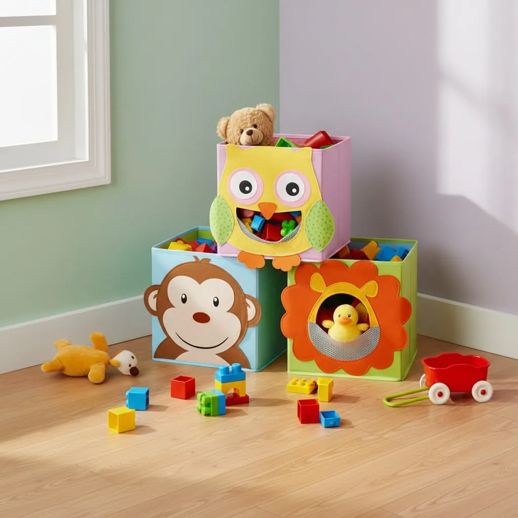 Tres cajas de tela plegables con caras de animales (búho, mono, león) organizando juguetes en una habitación infantil