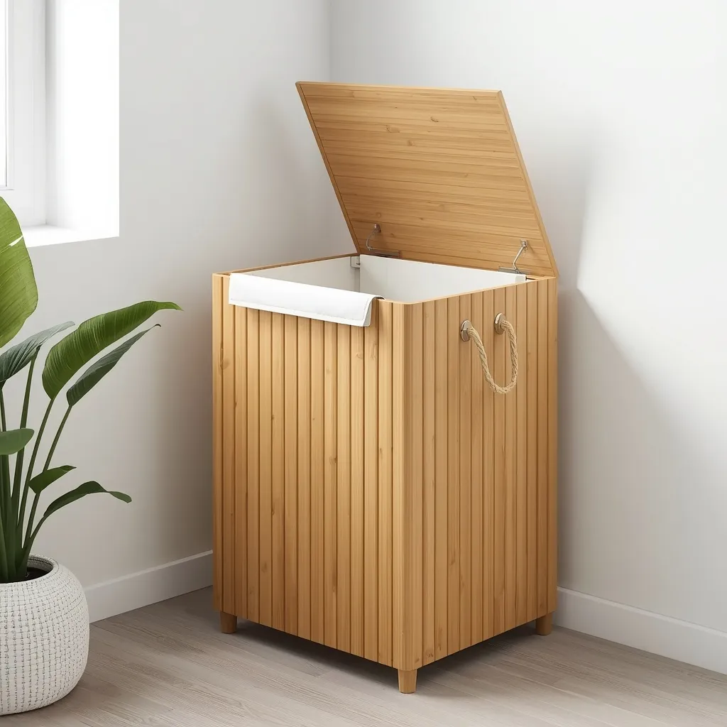 Cesto de ropa sucia de bambú natural con tapa abierta y bolsa interior blanca, en un rincón de dormitorio moderno