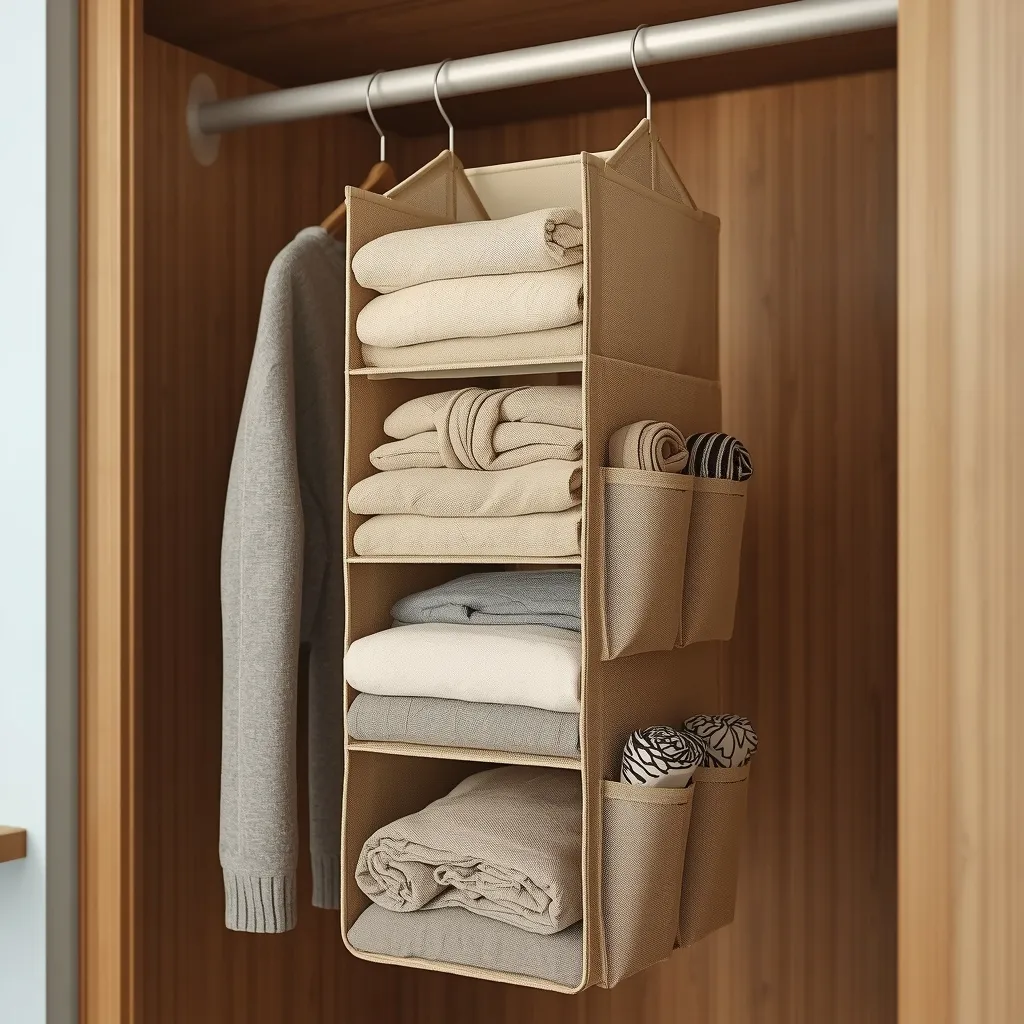 Organizador colgante de tela beige con compartimentos y bolsillos laterales, colgado en un armario con jerséis y accesorios organizados