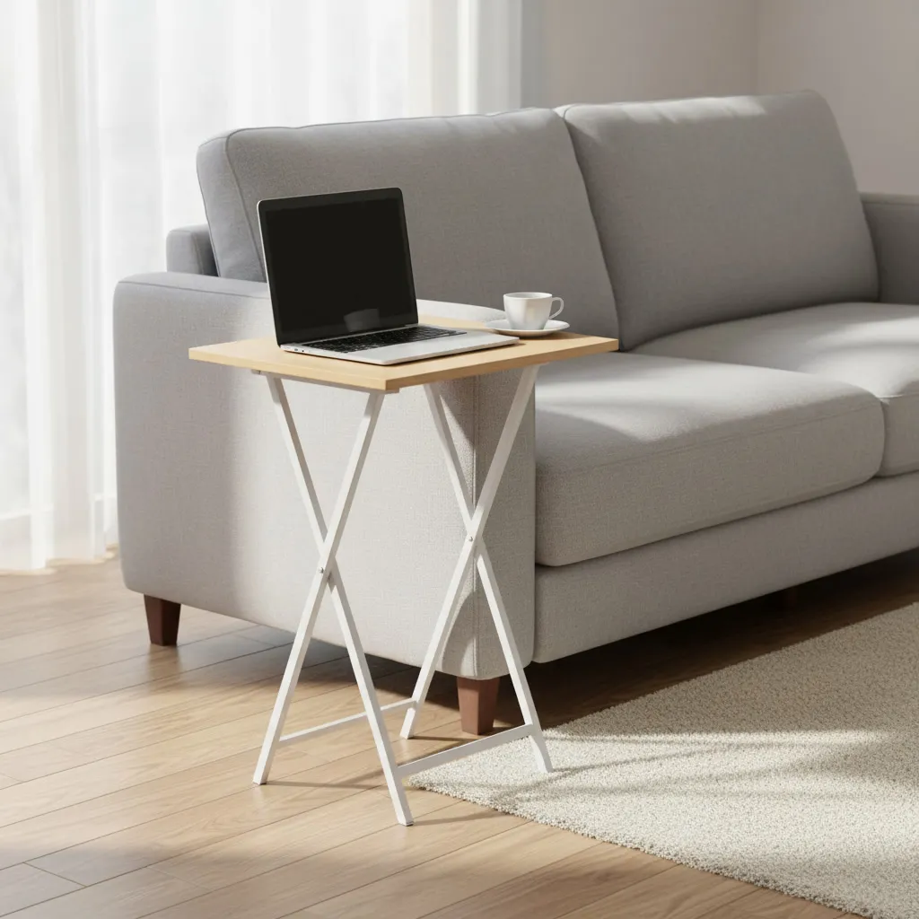 Mesa auxiliar plegable de madera clara con patas blancas en forma de X, junto a un sofá con un portátil y una taza de café