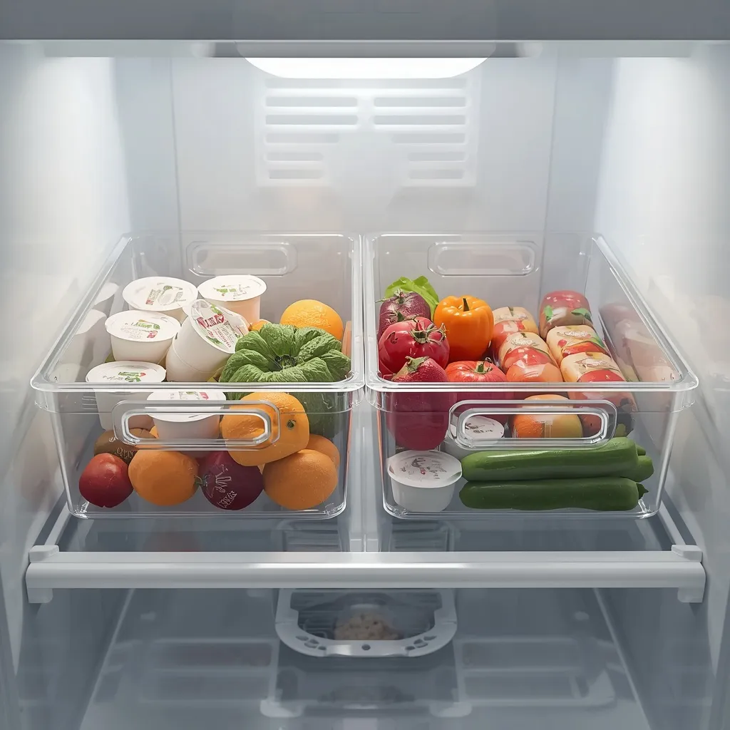 Bandejas transparentes apilables organizando una nevera con frutas, verduras y yogures a la vista