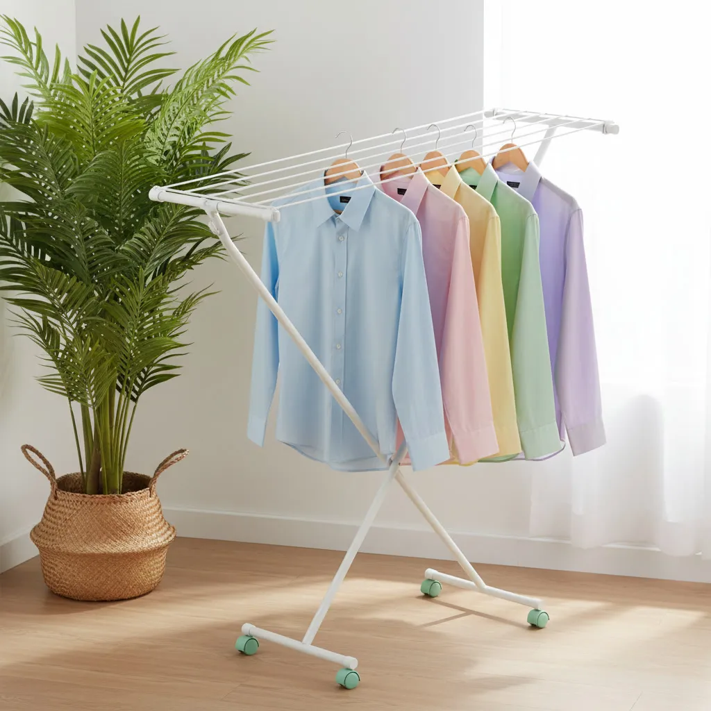Tendedero plegable de metal blanco con ruedas, ropa colgada con perchas, junto a una planta en un rincón moderno de lavandería